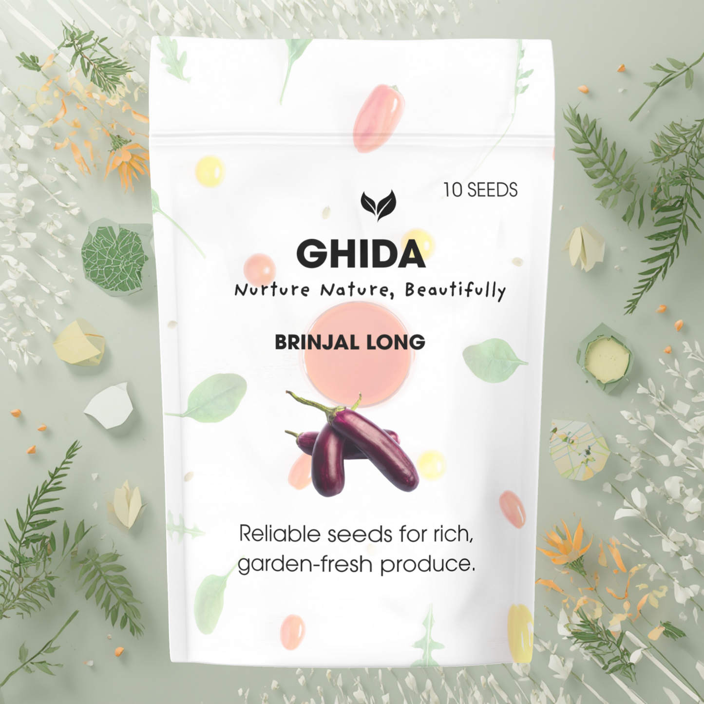 GHIDA Brinjal Long Seeds (10 Seeds) | High Germination Eggplant Seeds for Home Garden | Reliable, Non-GMO Vegetable Seeds for Fresh & Healthy Produce