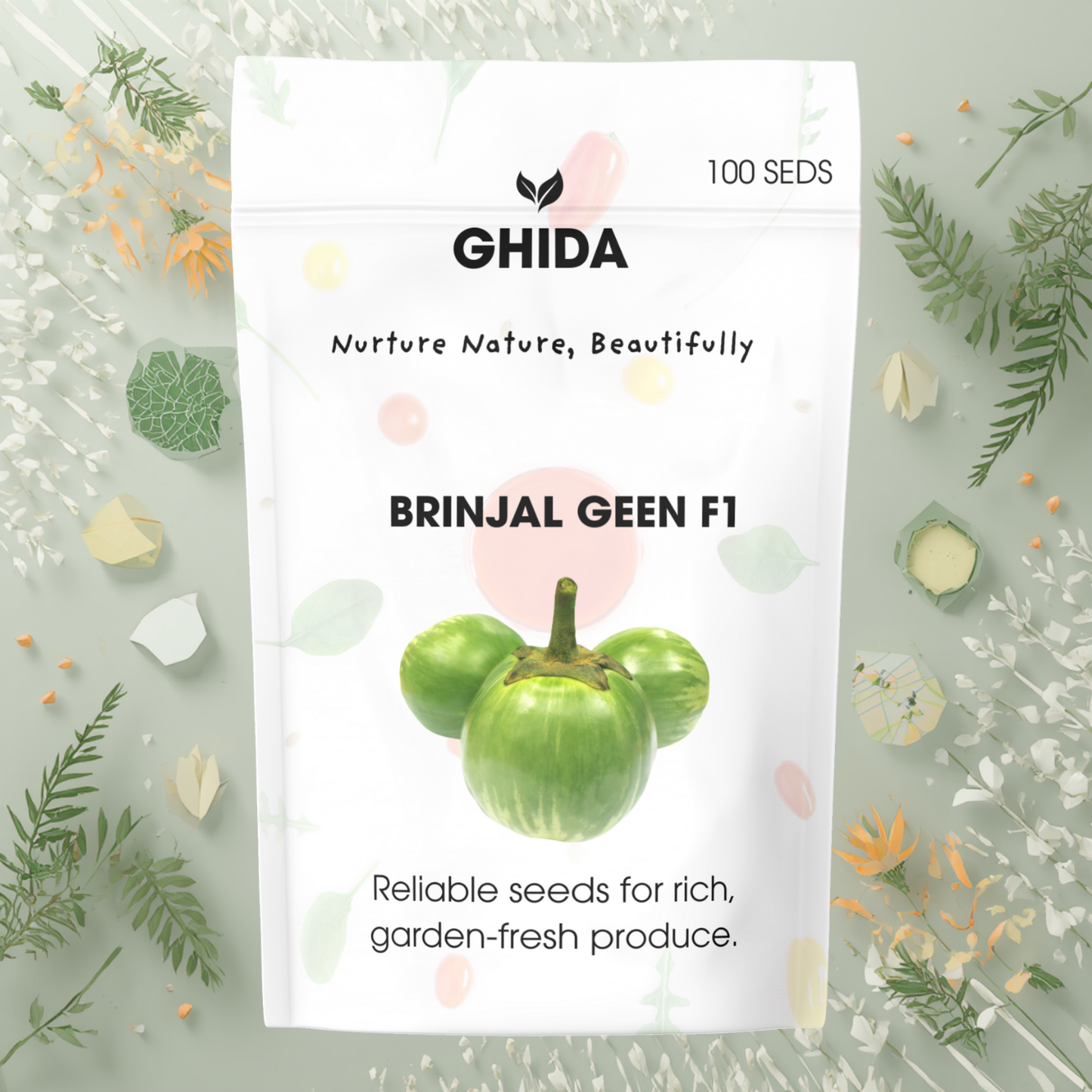 GHIDA Brinjal Green F1 Seeds (100 Seeds) | Hybrid Green Eggplant Seeds with High Germination | Best Vegetable Seeds for Home, Kitchen & Terrace Garden