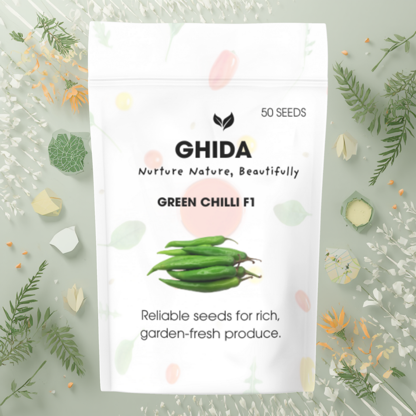 GHIDA Green Chilli F1 Seeds (50 Seeds) – High Yield Hybrid Hot Pepper Seeds for Home Gardening, Kitchen Garden, Pots & Outdoor Cultivation